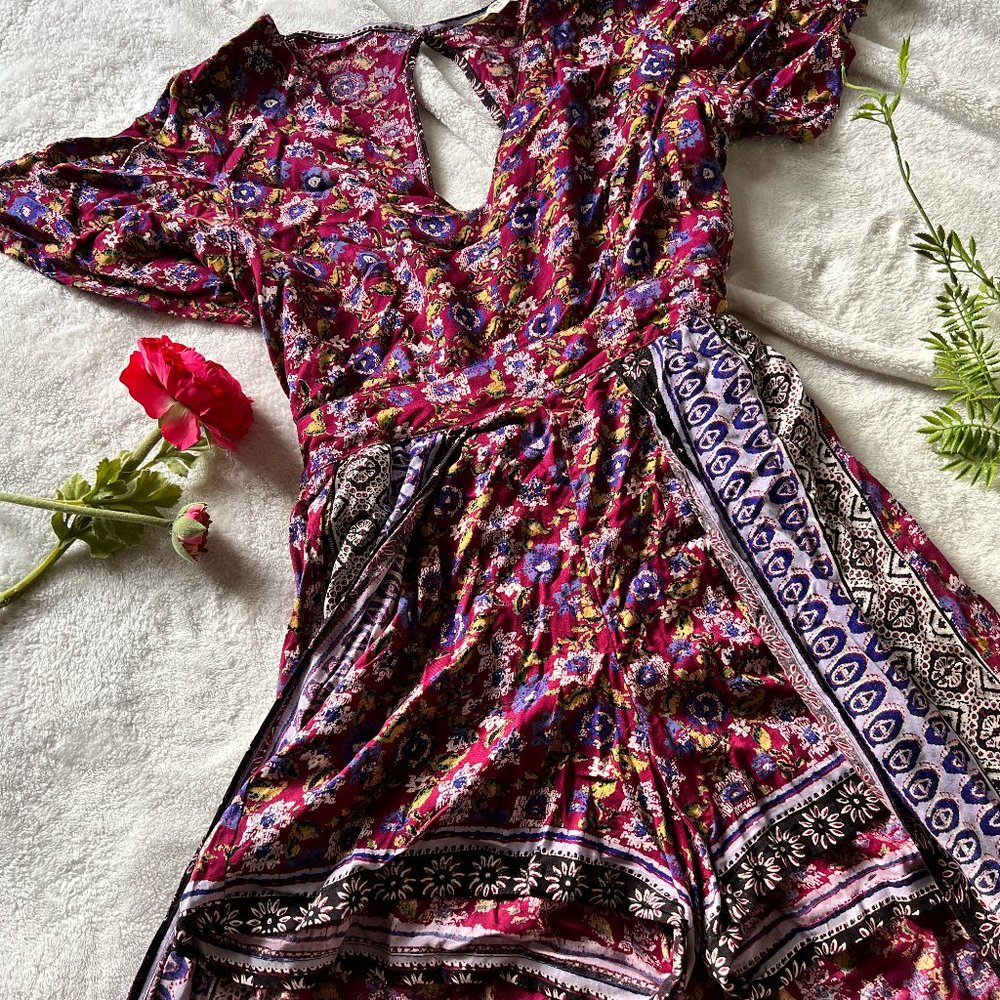 Bohemian Floral Print Hi-Low Romper Dress | Size M | Romper with Skirt